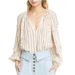 ULLA JOHNSON Liana Metallic Stripe Ruffle Balloon Sleeve Blouse Size 6